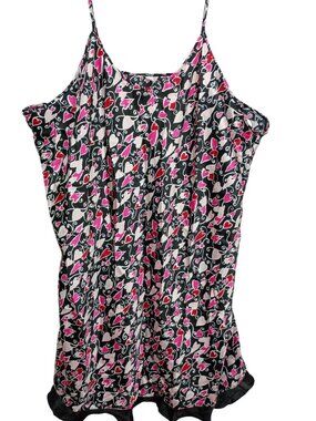 Heart-Print Black Pink Satin Nightgown Ruffle Hem & Adjustable Straps Plus Sz 3X